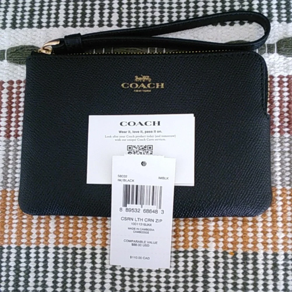 Coach Black Leather Wristlet with Gold Logo Detail